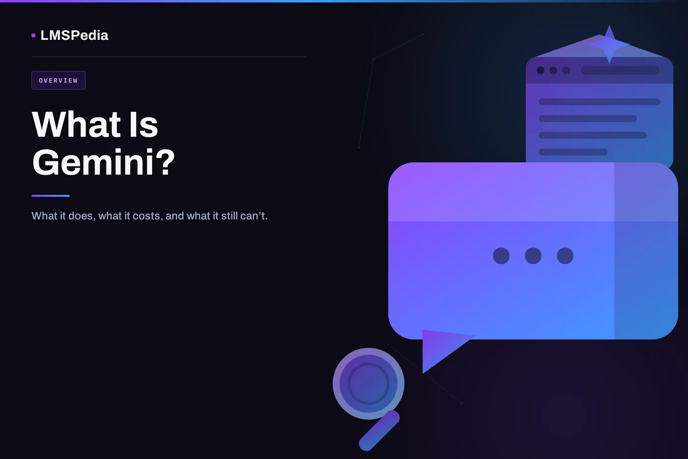 Isometric illustration of a chat bubble, browser window, magnifying glass, and sparkle icon in purple-to-blue gradient, representing an overview of what Gemini is and does