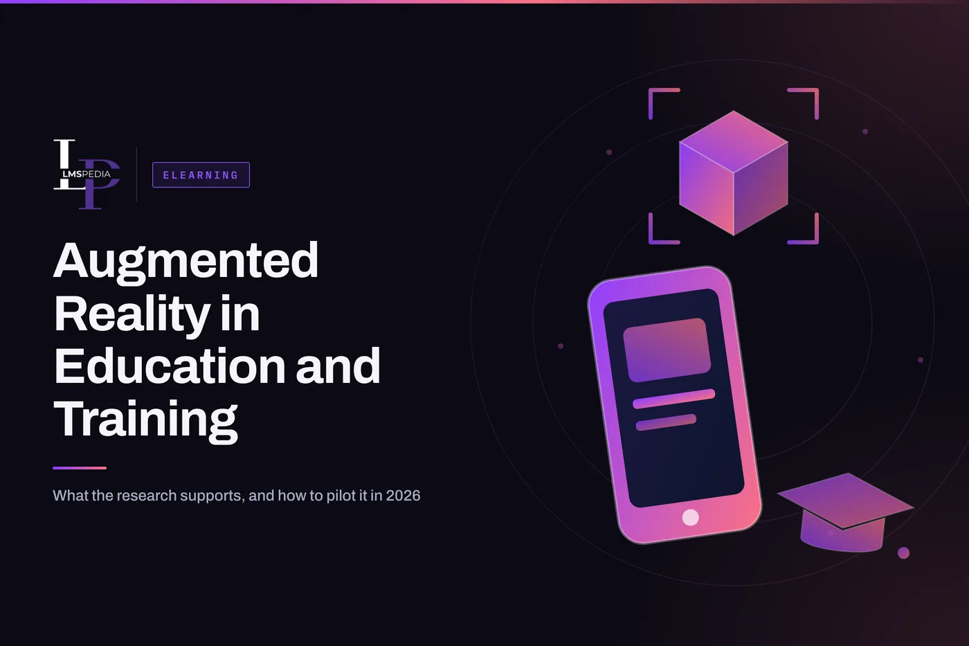 Augmented Reality in Education and Training title beside a tilted smartphone, a 3D cube framed by scan brackets above it, and a graduation cap on a dark background