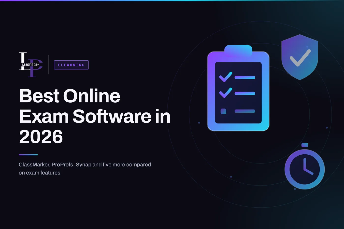 Dark LMSPedia banner titled Best Online Exam Software in 2026, with an illustrated exam checklist clipboard, a shield with a check mark and a stopwatch