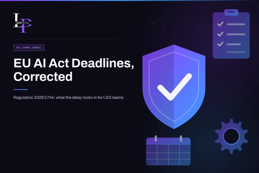 Shield with a check mark beside a clipboard checklist, a blank calendar block and a gear, representing EU AI Act deadlines and compliance planning