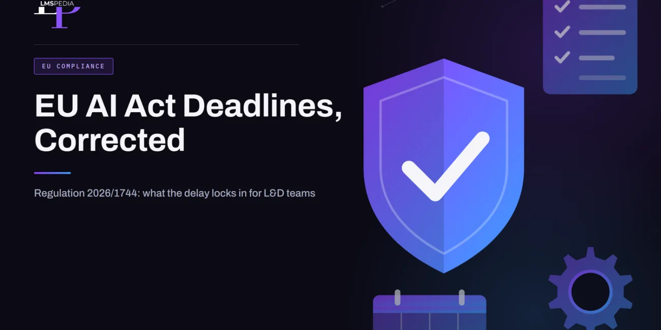 Shield with a check mark beside a clipboard checklist, a blank calendar block and a gear, representing EU AI Act deadlines and compliance planning