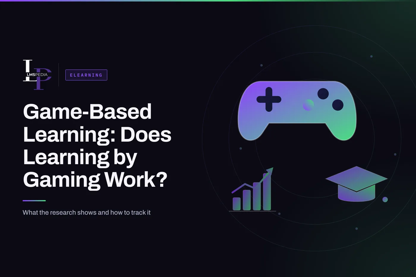 Title "Game-Based Learning: Does Learning by Gaming Work?" beside a game controller, a graduation cap and a rising bar chart on a dark background