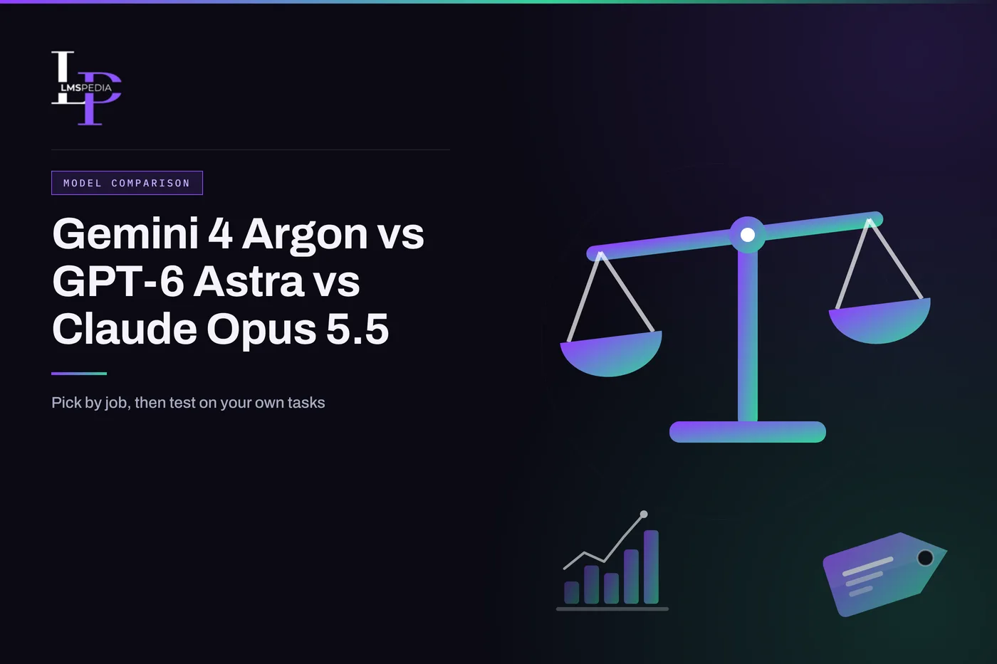 Flat illustration of a balance scale, a bar chart and a price tag beside the title Gemini 4 Argon vs GPT-6 Astra vs Claude Opus 5.5