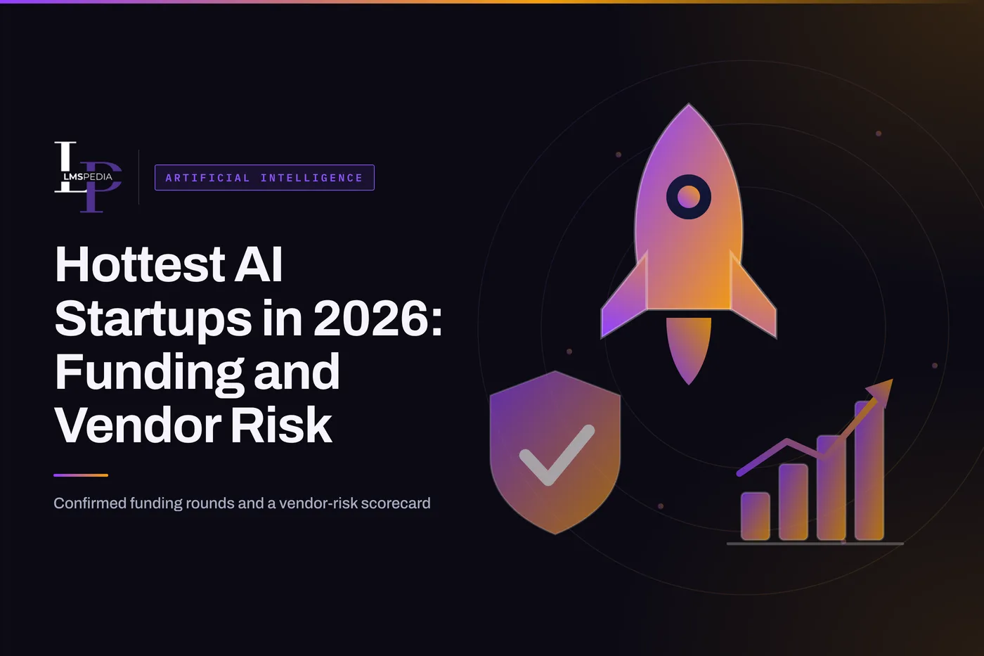 Hottest AI Startups in 2026: Funding and Vendor Risk, with a rocket, a shield with a check mark and a rising bar chart on a dark background