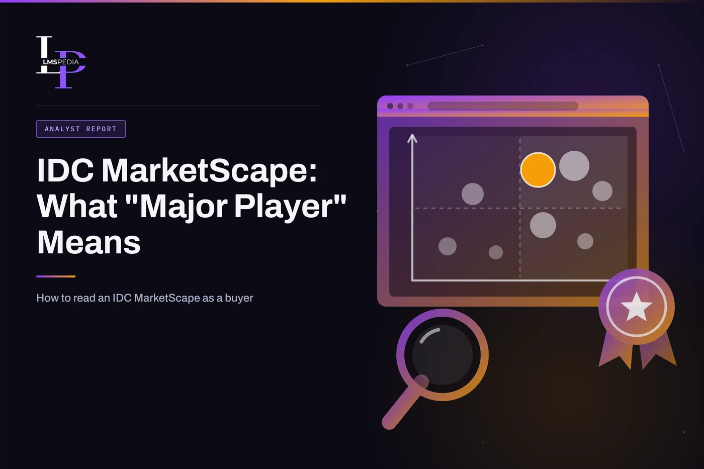 Browser window showing a quadrant positioning chart with one highlighted bubble, beside an award rosette and a magnifying glass, representing an analyst vendor assessment