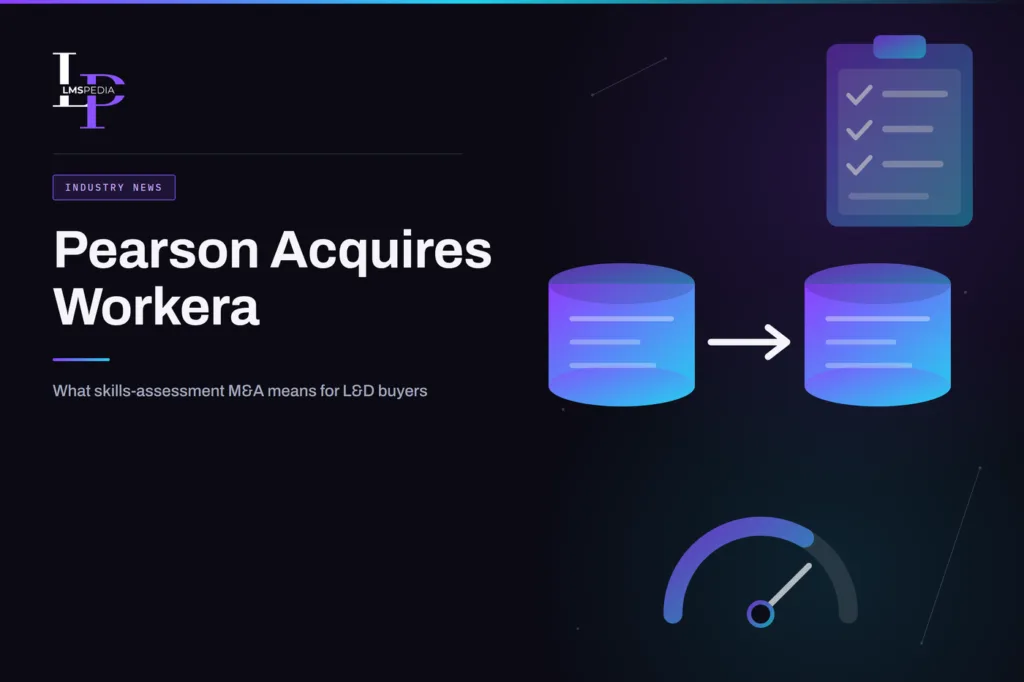 Two linked database cylinders joined by a flow arrow, beside a checklist clipboard and a gauge, under the title Pearson Acquires Workera