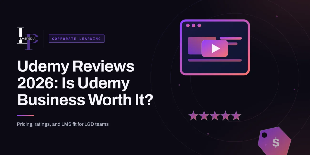 Udemy Reviews 2026: Is Udemy Business Worth It? headline beside a course video player in a browser window, a row of five stars, and a price tag on a dark background
